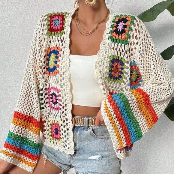 Multicolor Casual Womens Braided Hollow Out Holiday Long Sleeve Open Cardigan - Picture 6 of 6